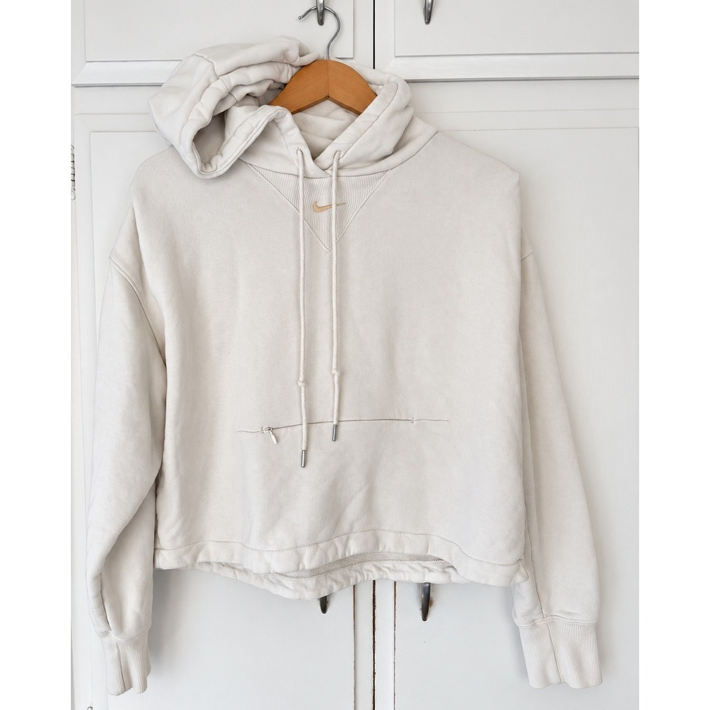 Nike Womens Sportswear Essential Oversized Crop Hoodie Sail Cream Gold Swoosh M